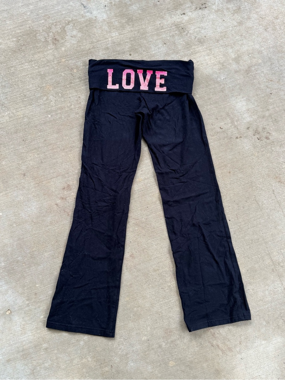 Black Fold-Over Waist Pants with Pink LOVE Detail